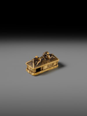 Lot 164 - MASATSUGU: A FINE IVORY NETSUKE OF MONKEYS ON A STRAW HUT