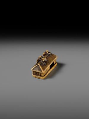 Lot 164 - MASATSUGU: A FINE IVORY NETSUKE OF MONKEYS ON A STRAW HUT