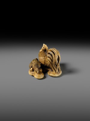 Lot 165 - RANTEI: A SUPERB AND LARGE IVORY NETSUKE OF A COCKEREL WITH TWO HENS AND YOUNG