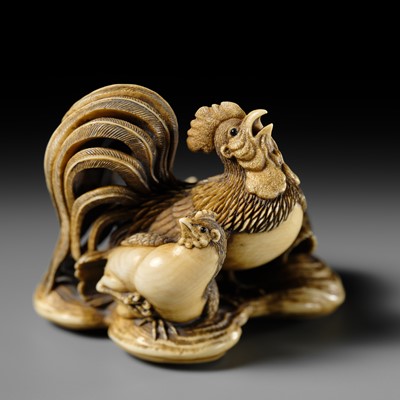 Lot 165 - RANTEI: A SUPERB AND LARGE IVORY NETSUKE OF A COCKEREL WITH TWO HENS AND YOUNG