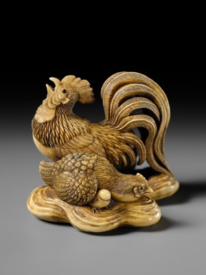 Lot 165 - RANTEI: A SUPERB AND LARGE IVORY NETSUKE OF A COCKEREL WITH TWO HENS AND YOUNG