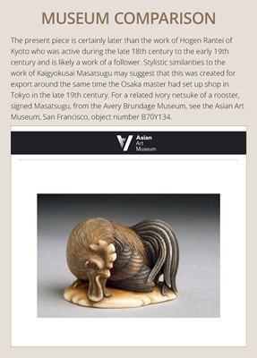 Lot 165 - RANTEI: A SUPERB AND LARGE IVORY NETSUKE OF A COCKEREL WITH TWO HENS AND YOUNG