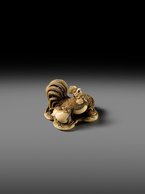 Lot 165 - RANTEI: A SUPERB AND LARGE IVORY NETSUKE OF A COCKEREL WITH TWO HENS AND YOUNG