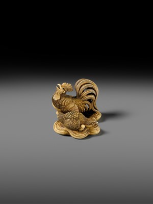 Lot 165 - RANTEI: A SUPERB AND LARGE IVORY NETSUKE OF A COCKEREL WITH TWO HENS AND YOUNG