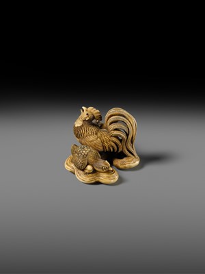 Lot 165 - RANTEI: A SUPERB AND LARGE IVORY NETSUKE OF A COCKEREL WITH TWO HENS AND YOUNG