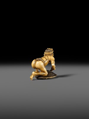 Lot 167 - DORAKU: A SUPERB IVORY NETSUKE OF A FISHERMAN AND TORTOISE