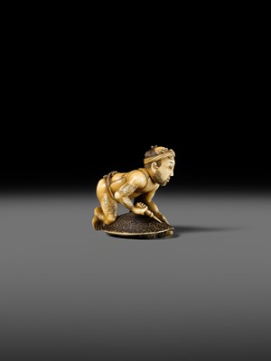 Lot 167 - DORAKU: A SUPERB IVORY NETSUKE OF A FISHERMAN AND TORTOISE
