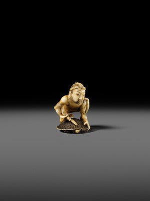 Lot 167 - DORAKU: A SUPERB IVORY NETSUKE OF A FISHERMAN AND TORTOISE