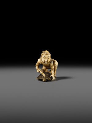 Lot 167 - DORAKU: A SUPERB IVORY NETSUKE OF A FISHERMAN AND TORTOISE