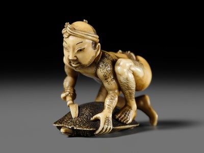 Lot 167 - DORAKU: A SUPERB IVORY NETSUKE OF A FISHERMAN AND TORTOISE