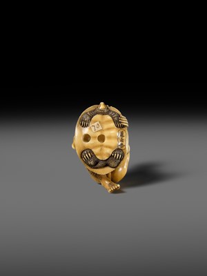 Lot 167 - DORAKU: A SUPERB IVORY NETSUKE OF A FISHERMAN AND TORTOISE