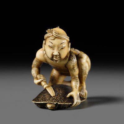 Lot 167 - DORAKU: A SUPERB IVORY NETSUKE OF A FISHERMAN AND TORTOISE