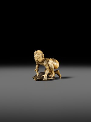 Lot 167 - DORAKU: A SUPERB IVORY NETSUKE OF A FISHERMAN AND TORTOISE
