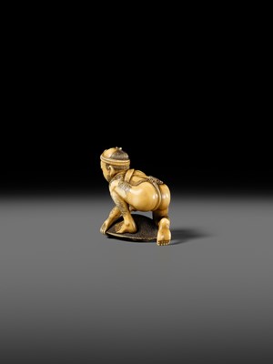 Lot 167 - DORAKU: A SUPERB IVORY NETSUKE OF A FISHERMAN AND TORTOISE