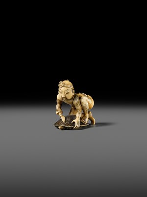 Lot 167 - DORAKU: A SUPERB IVORY NETSUKE OF A FISHERMAN AND TORTOISE