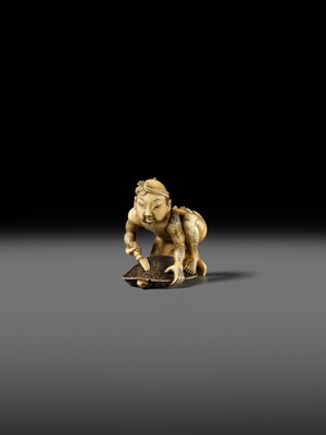 Lot 167 - DORAKU: A SUPERB IVORY NETSUKE OF A FISHERMAN AND TORTOISE