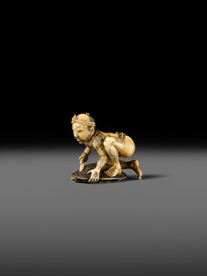Lot 167 - DORAKU: A SUPERB IVORY NETSUKE OF A FISHERMAN AND TORTOISE