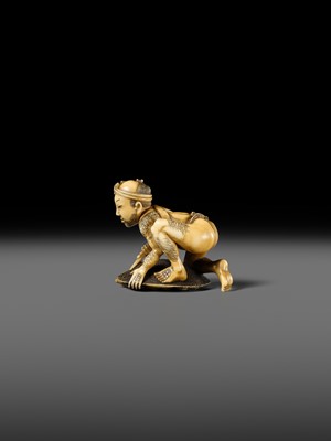 Lot 167 - DORAKU: A SUPERB IVORY NETSUKE OF A FISHERMAN AND TORTOISE