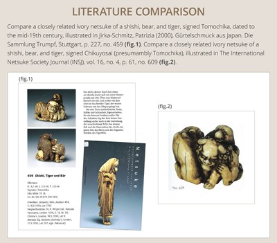 Lot 421 - TOMOCHIKA: AN IVORY NETSUKE OF A SHISHI, BEAR, AND TIGER