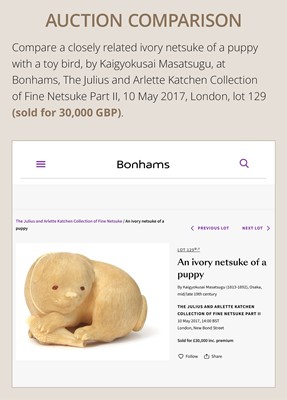 Lot 162 - KAIGYOKUSAI MASATSUGU: A SUPERB IVORY NETSUKE OF A PUPPY
