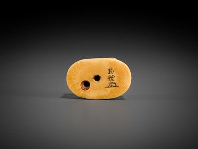 Lot 420 - RYUCHIN: A FINE IVORY NETSUKE OF A WINTER LANDSCAPE WITH GENTOKU, KAN’U, CHOKI, AND KOMEI