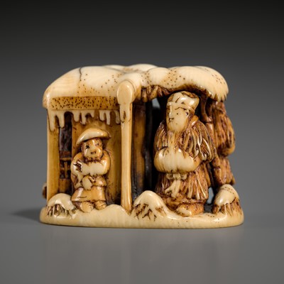 Lot 420 - RYUCHIN: A FINE IVORY NETSUKE OF A WINTER LANDSCAPE WITH GENTOKU, KAN’U, CHOKI, AND KOMEI