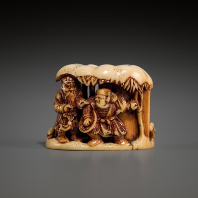Lot 420 - RYUCHIN: A FINE IVORY NETSUKE OF A WINTER LANDSCAPE WITH GENTOKU, KAN’U, CHOKI, AND KOMEI