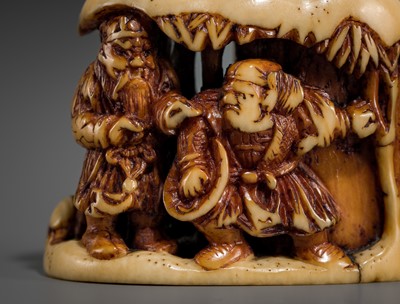 Lot 420 - RYUCHIN: A FINE IVORY NETSUKE OF A WINTER LANDSCAPE WITH GENTOKU, KAN’U, CHOKI, AND KOMEI