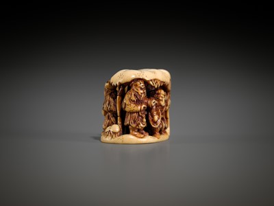 Lot 420 - RYUCHIN: A FINE IVORY NETSUKE OF A WINTER LANDSCAPE WITH GENTOKU, KAN’U, CHOKI, AND KOMEI