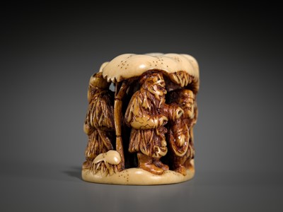 Lot 420 - RYUCHIN: A FINE IVORY NETSUKE OF A WINTER LANDSCAPE WITH GENTOKU, KAN’U, CHOKI, AND KOMEI