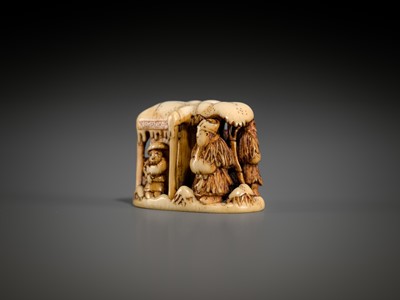 Lot 420 - RYUCHIN: A FINE IVORY NETSUKE OF A WINTER LANDSCAPE WITH GENTOKU, KAN’U, CHOKI, AND KOMEI