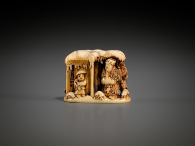 Lot 420 - RYUCHIN: A FINE IVORY NETSUKE OF A WINTER LANDSCAPE WITH GENTOKU, KAN’U, CHOKI, AND KOMEI
