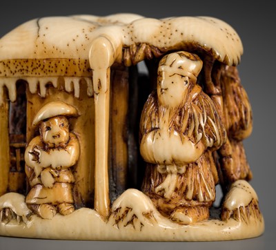 Lot 420 - RYUCHIN: A FINE IVORY NETSUKE OF A WINTER LANDSCAPE WITH GENTOKU, KAN’U, CHOKI, AND KOMEI