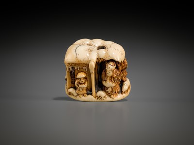 Lot 420 - RYUCHIN: A FINE IVORY NETSUKE OF A WINTER LANDSCAPE WITH GENTOKU, KAN’U, CHOKI, AND KOMEI
