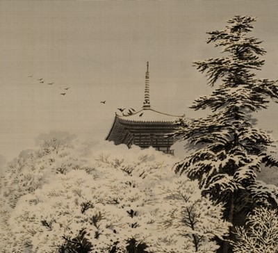 Lot 343 - A FINE YUZEN-BIRODO CUT VELVET OF SARUSAWA POND AT THE KOFUKUJI TEMPLE