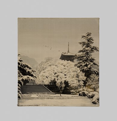 Lot 343 - A FINE YUZEN-BIRODO CUT VELVET OF SARUSAWA POND AT THE KOFUKUJI TEMPLE