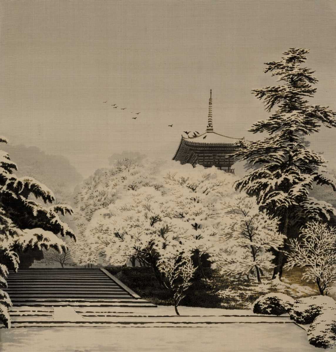 Lot 343 - A FINE YUZEN-BIRODO CUT VELVET OF SARUSAWA POND AT THE KOFUKUJI TEMPLE