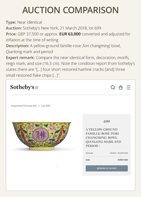 Lot 168 - AN IMPERIAL YELLOW-GROUND FAMILLE ROSE ‘FORI CHANGMING’ BOWL, QIANLONG MARK AND PERIOD