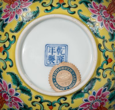 Lot 168 - AN IMPERIAL YELLOW-GROUND FAMILLE ROSE ‘FORI CHANGMING’ BOWL, QIANLONG MARK AND PERIOD