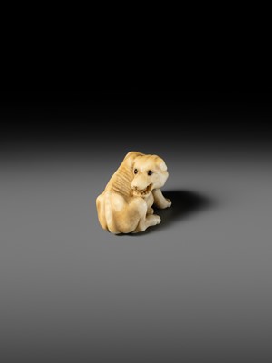Lot 137 - A KYOTO SCHOOL IVORY NETSUKE OF AN EMACIATED WOLF