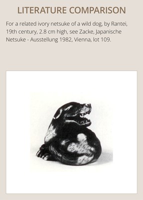 Lot 137 - A KYOTO SCHOOL IVORY NETSUKE OF AN EMACIATED WOLF