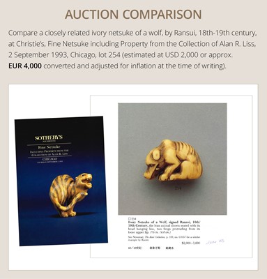 Lot 137 - A KYOTO SCHOOL IVORY NETSUKE OF AN EMACIATED WOLF