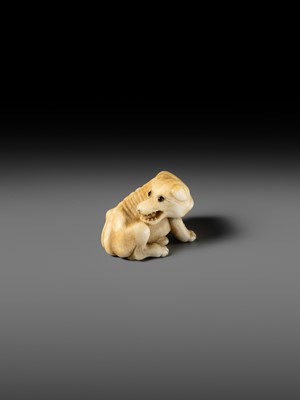 Lot 137 - A KYOTO SCHOOL IVORY NETSUKE OF AN EMACIATED WOLF