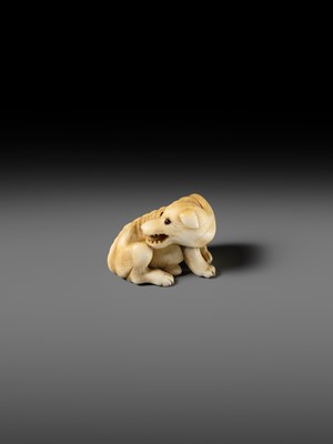 Lot 137 - A KYOTO SCHOOL IVORY NETSUKE OF AN EMACIATED WOLF