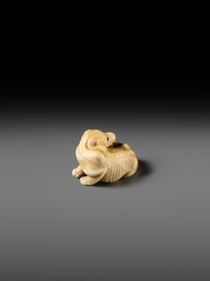 Lot 137 - A KYOTO SCHOOL IVORY NETSUKE OF AN EMACIATED WOLF