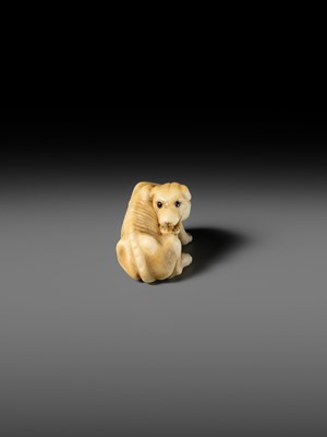 Lot 137 - A KYOTO SCHOOL IVORY NETSUKE OF AN EMACIATED WOLF