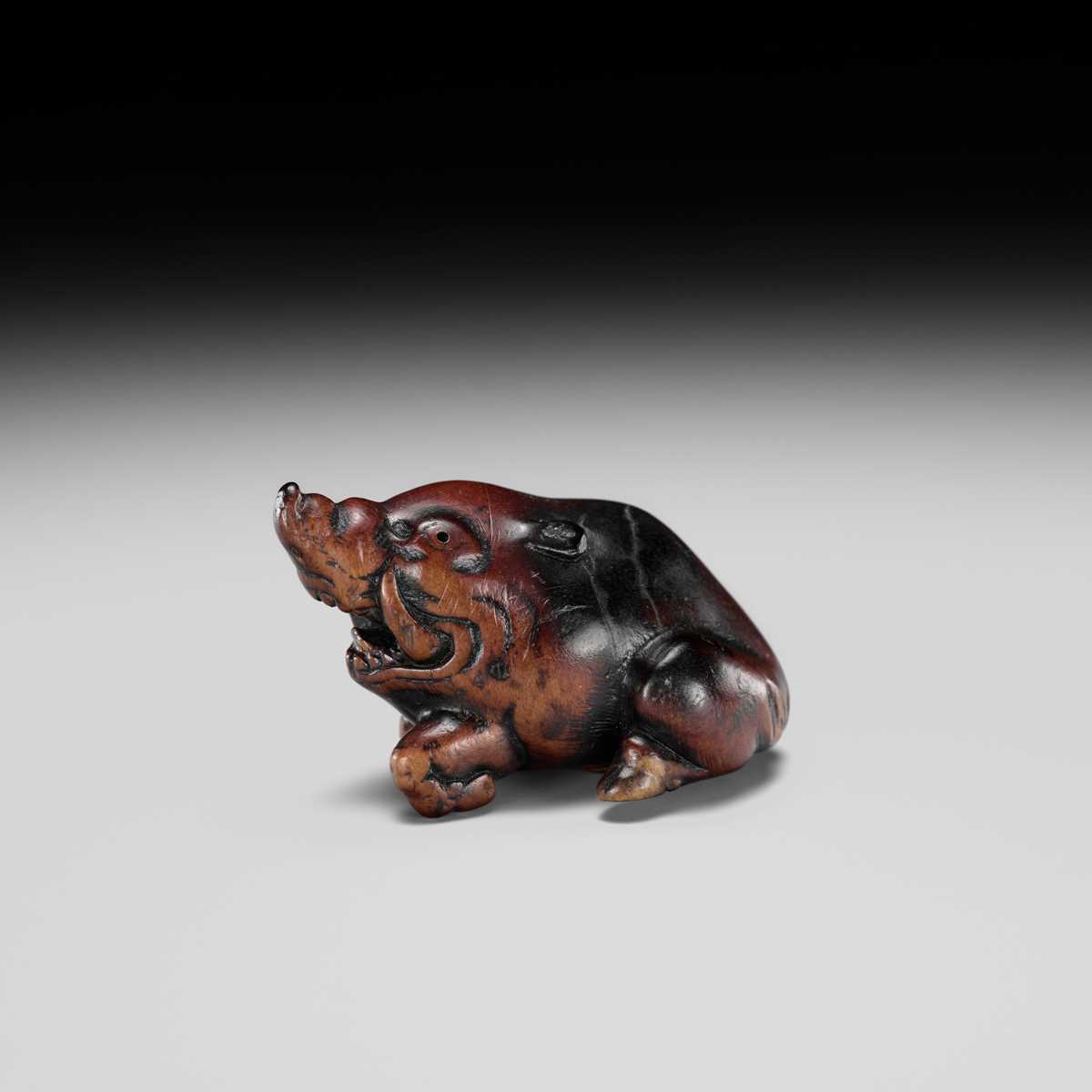 Lot 598 - A WOOD NETSUKE OF A SNARLING BOAR,