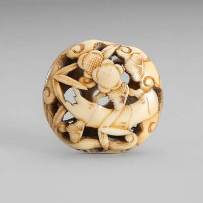 Lot 1727 - A FINE WALRUS TUSK NETSUKE DEPICTING THE THREE FRIENDS OF WINTER (SHOCHIKUBAI)