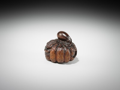 Lot 377 - SHIGEMASA: A FINE WOOD NETSUKE OF A PUMPKIN WITH A SNAKE AND NASUBI (EGGPLANT)