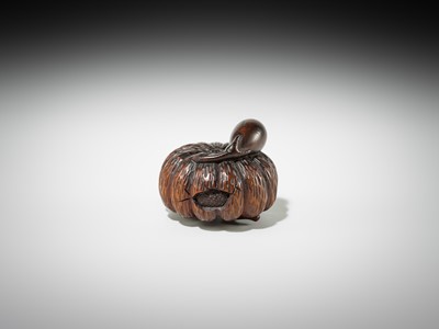 Lot 377 - SHIGEMASA: A FINE WOOD NETSUKE OF A PUMPKIN WITH A SNAKE AND NASUBI (EGGPLANT)